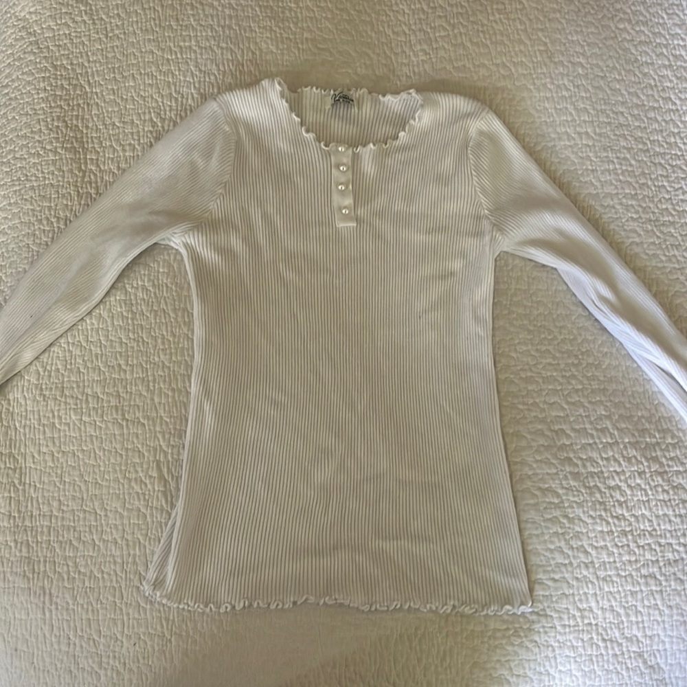 Coquette White Pearl Longsleeve Ribbed Lettuce Trim Shirt (One Size)